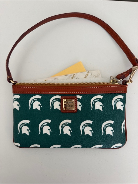Dooney & Bourke Handbags - Dooney & Bourke Teal Spartan Print Wristlet with Brown Trim